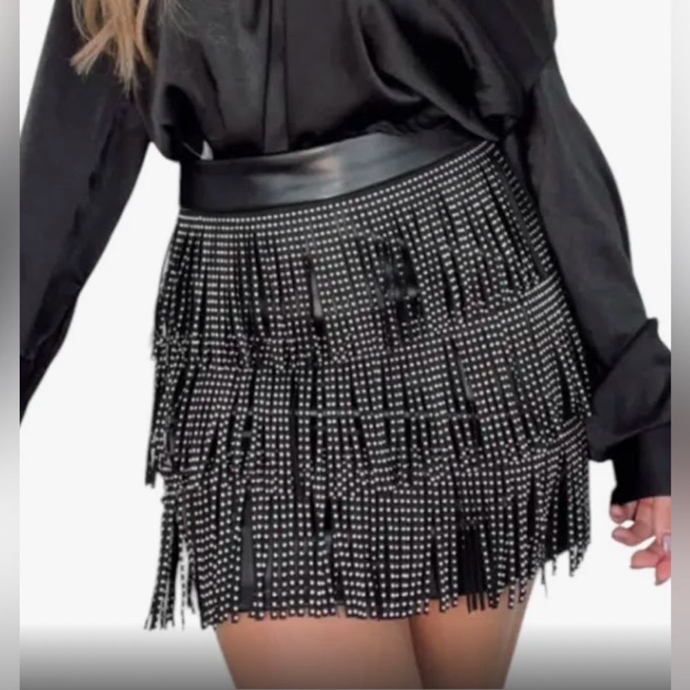 Sincerely Jules medium faux leather fringe studded skirt. EUC